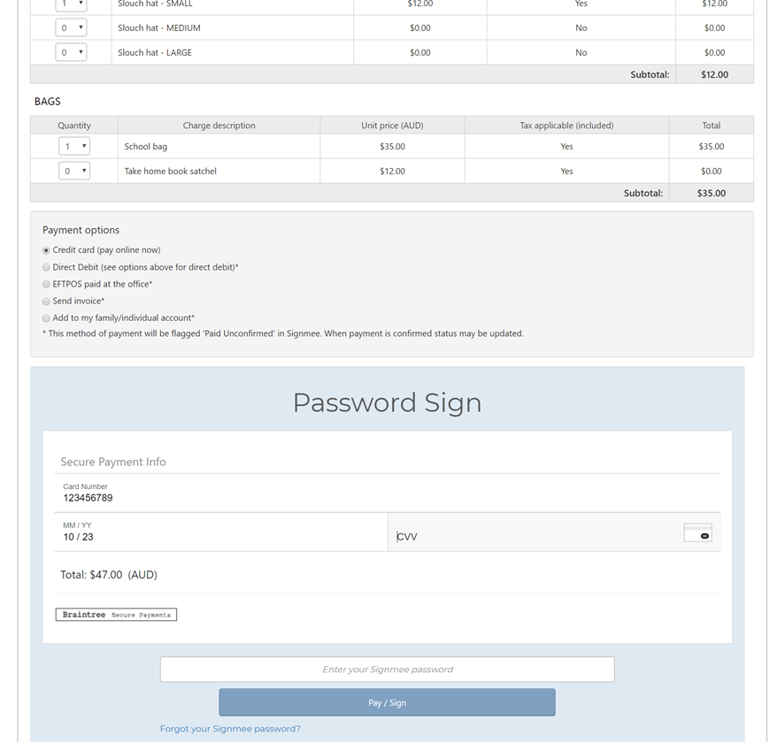 Image of a Signmee form with the Braintree Payment Option selected - showing the Braintree Credit Card Facility