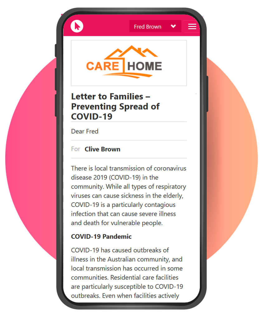 Smart phone with copy of a COVID update notice for families and carers