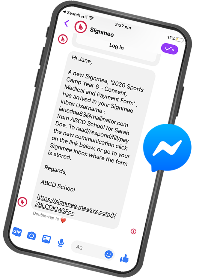 Image of a messenger alert from Signmee, opened in Messenger App on the phone