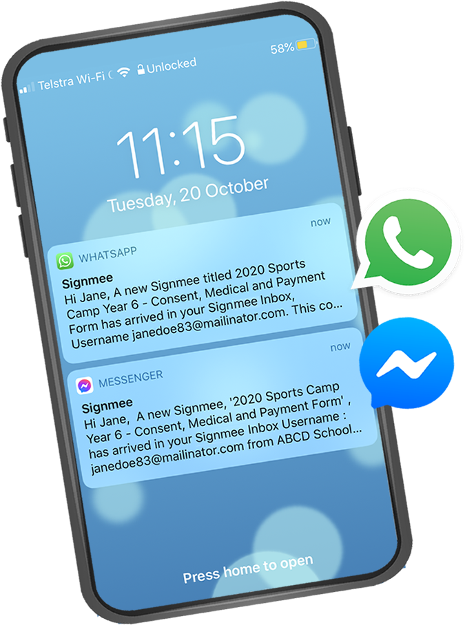 Image of the home screen on a phone - WhatsApp alert from Signmee and Messenger alert from Signmee