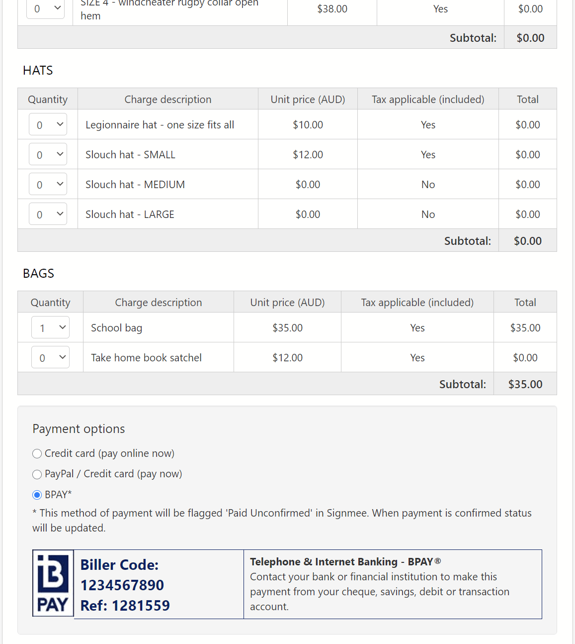 Copy of a Signmee form showing the BPAY facility