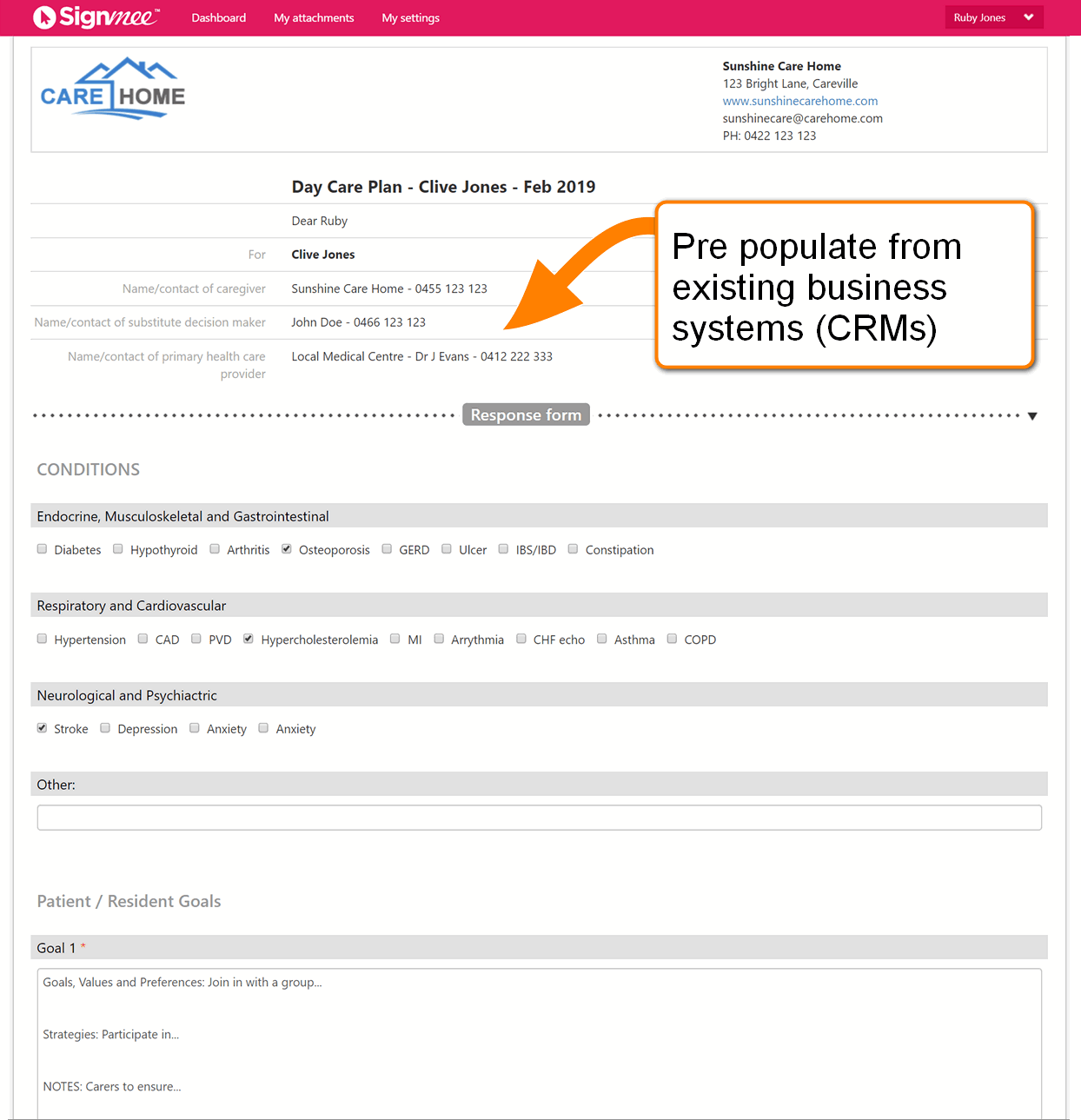 Care home form showing pre-populating data from CRM