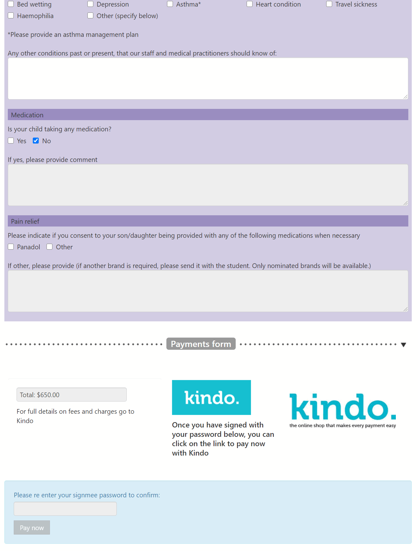 Copy of a Signmee form showing the BPAY facility