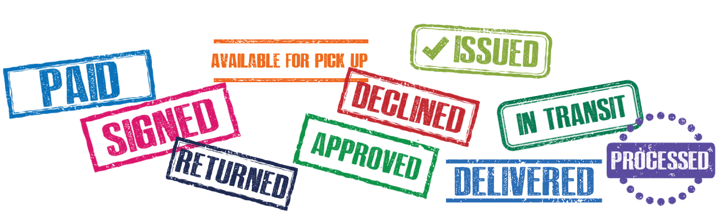 Signmee Form Processing Stamps including paid, signed, returned, available for pick up, approved, declined, delivered, issued, in transit and processed