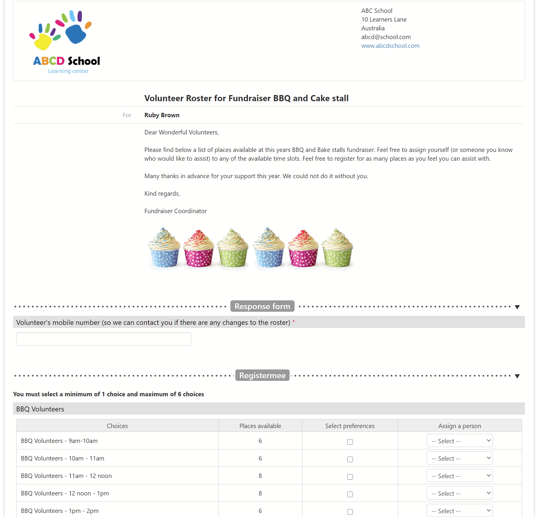 Volunteer Roster for Fundraiser BBQ and Cake Stall - Sample of a Signmee form with place eliminator